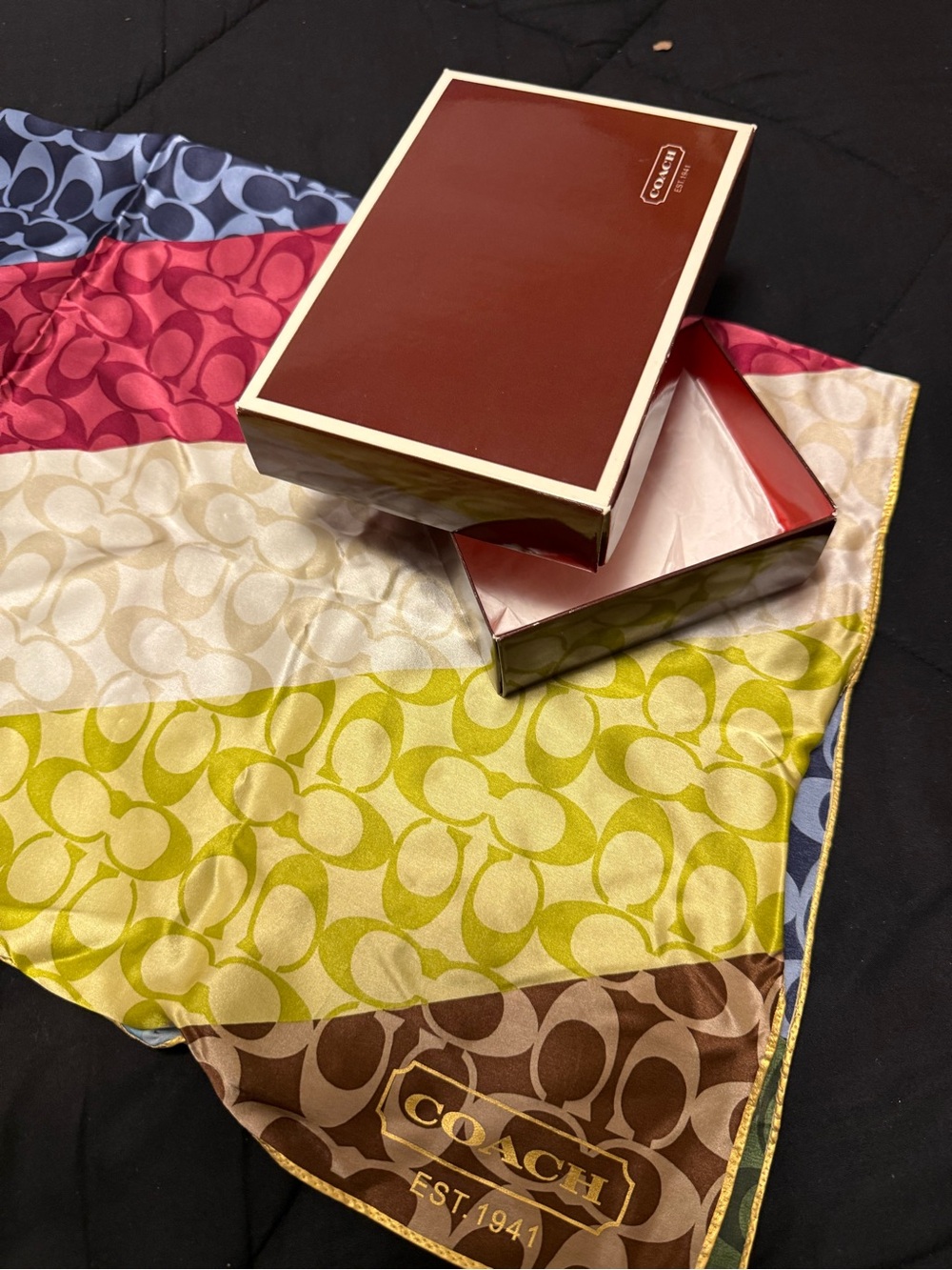 Coach Legacy Stripe Signature Silk Scarf / Wrap with Original Box – Vintage Mult